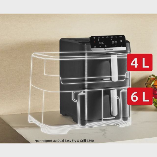 Friteuse À Air Double Tiroir Vertical 10L Cuisson Simultanée Et Technologie EvenFry Moulinex EZ7568F0